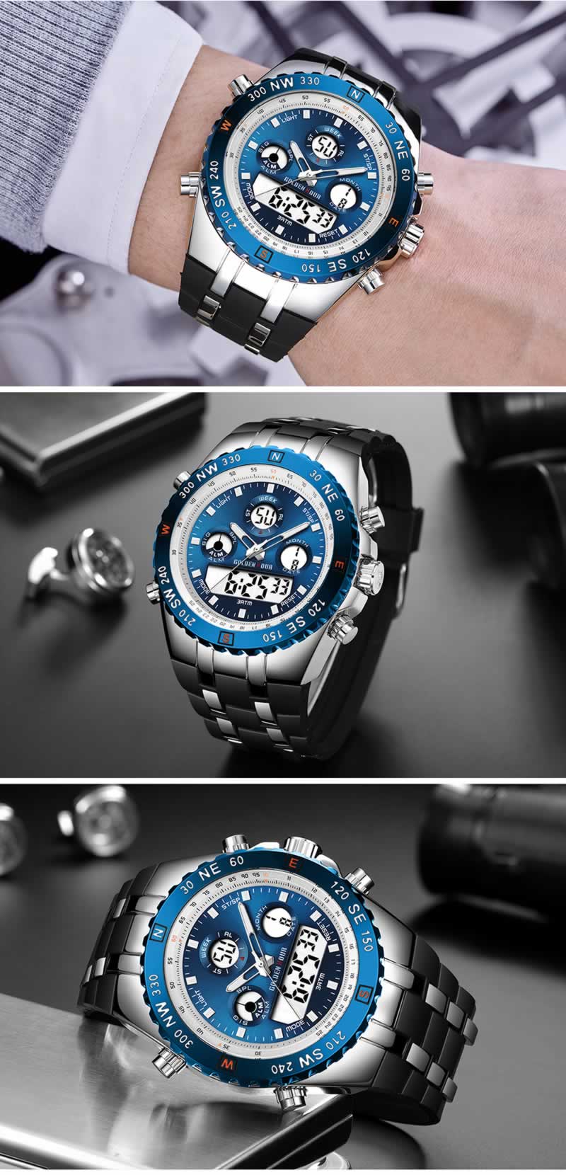 Golden Hour Military Dual-Time Waterproof Silicone Rubber LED Sport Watch - Blue Face