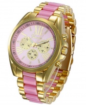 Geneva Full Steel Unisex Quartz Analog Gold Wrist Watch - Pink