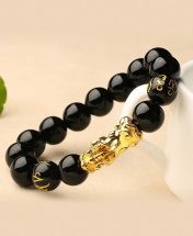 Pixiu Obsidian Stone Bead 3D Gold Chinese Black Crystal Good Luck Bracelet - Black
