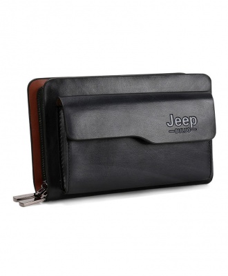 Jeep Men's Double Zipper Leather Clutch Bag - Black