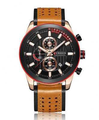 Curren Multi-Function Chronograph Leather Strap Waterproof Sports Watch - Brown