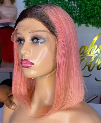 14-Inch 1B Pink Double Drawn Human Hair Wig With T Frontal