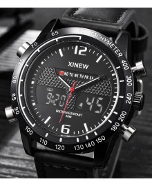 Xinew Digital and Analog Dual Time Tachymeter Leather Watch - Black