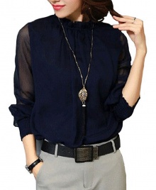 Women's New Fashion Ruffled Chiffon Long-Sleeved Shirt - Navy