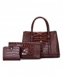 FJT Womens Three-Piece Crocodile Pattern Shoulder Bag - Dark Brown