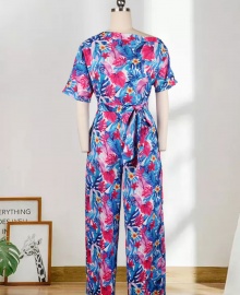 Women's One-Shoulder Printed Floral Short-Sleeved Belted Jumpsuit - Blue