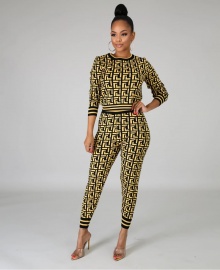 Women Two-Piece Casual Sweater Top And Leggings Suit - Yellow